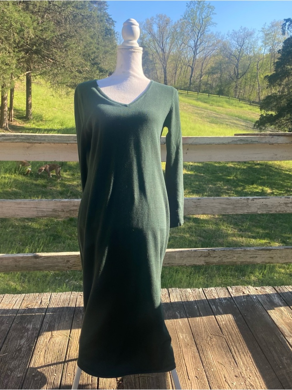 Nina Leonard Forest Green V-Neck Long Sleeve Knit Dress